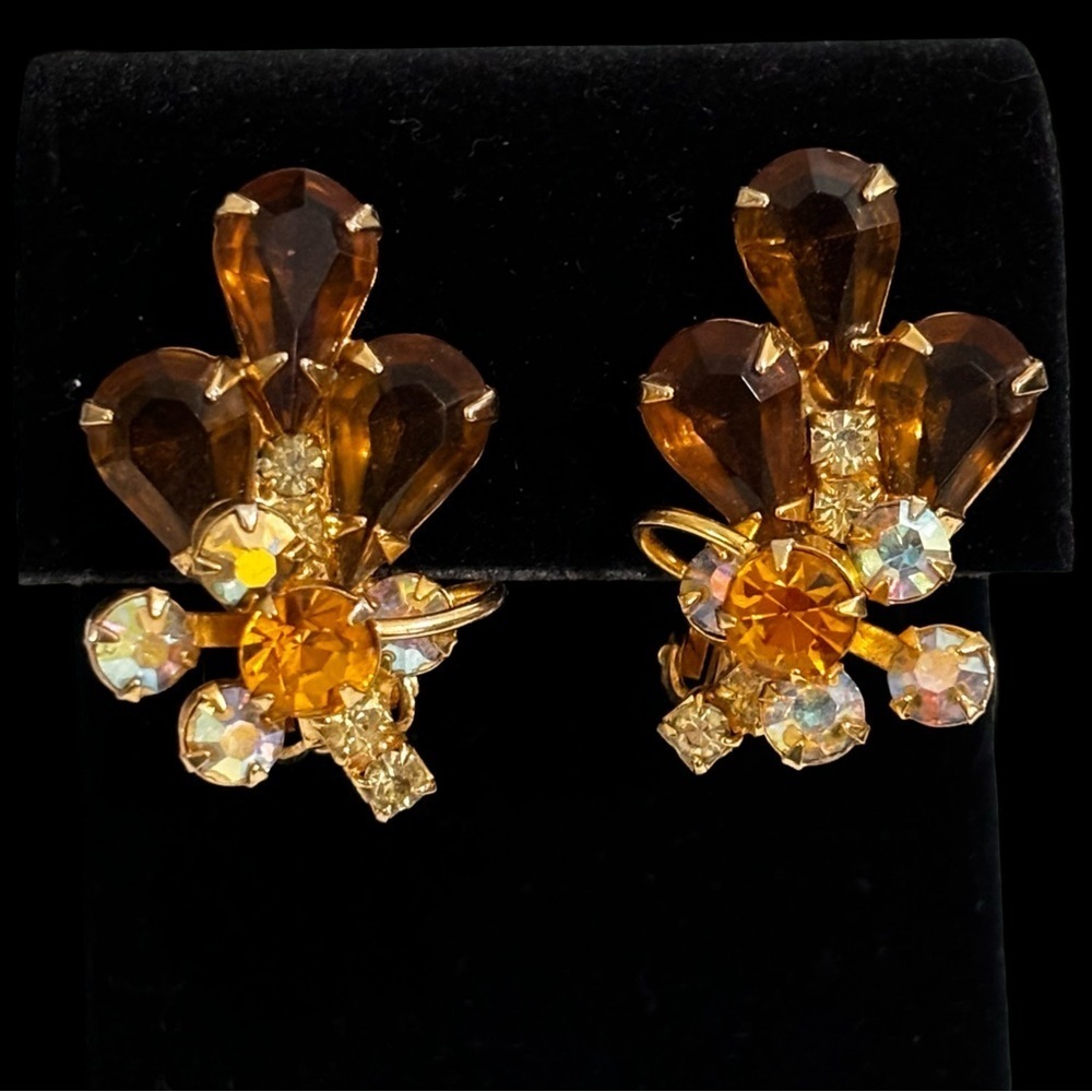 Vintage amazing topaz and AB rhinestone crystal clip on earrings